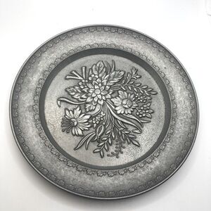 Vtg Pewter Floral Flowers Image Wall Hanging Plate Wall Art Decor Italy 7.5”